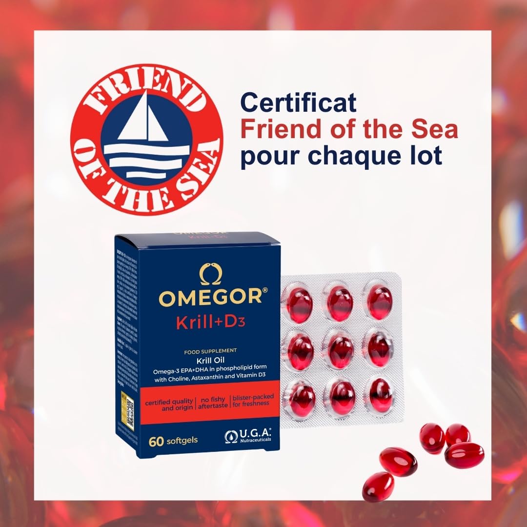 Omégor Krill D3 - Supplément alimentaire à l'huile de krill - Formule oméga 3 super concentrée - vitamine D3 et vitamine E - Pour dents et os - avec choline précieuse pour votre cerveau - 60 gélules