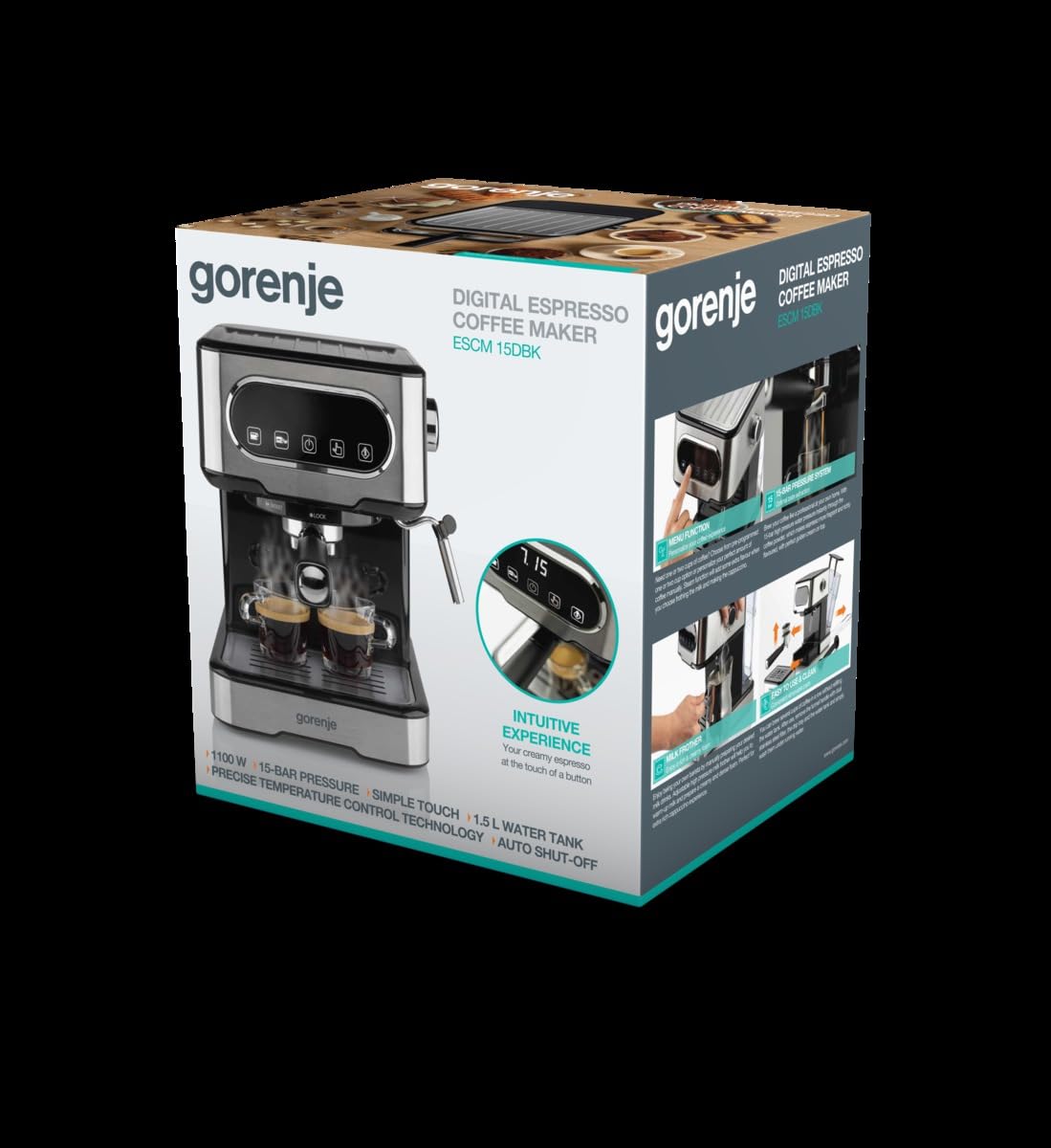 Gorenje ESCM 15 DBK Espresso Siebträgermaschine/Espressomaschine mit professioneller Milchschaumdüse/1,5 l Wassertank/15 bar/Edelstahl, Silber/Schwarz