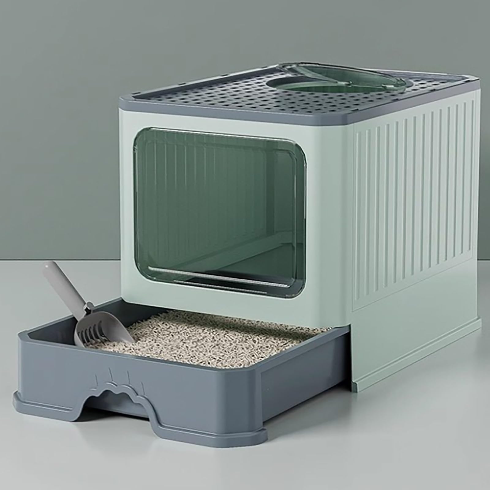 Arenero Doméstico para Gatos, Cerrado, con Cajón Y Pala para Arena, Bandeja De Entrada Superior para Gatitos, Conejos Y Cobayas.(Gray)