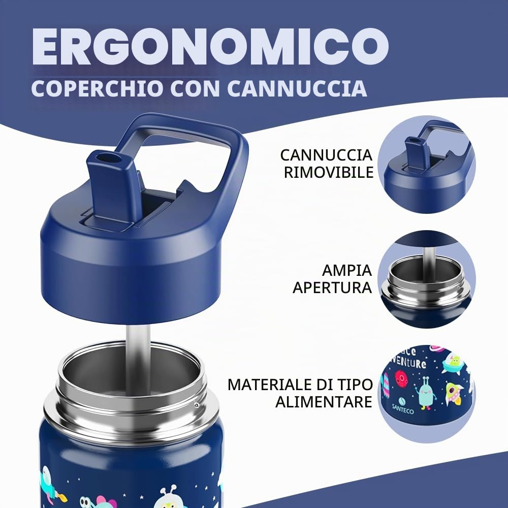 SANTECO borraccia termica con cannuccia 500ml Borraccia Termica Piccola, Acciaio Inossidabile 316, Senza BPA, Facile da Pulire per Scuola/Viaggi/Sport, Blu