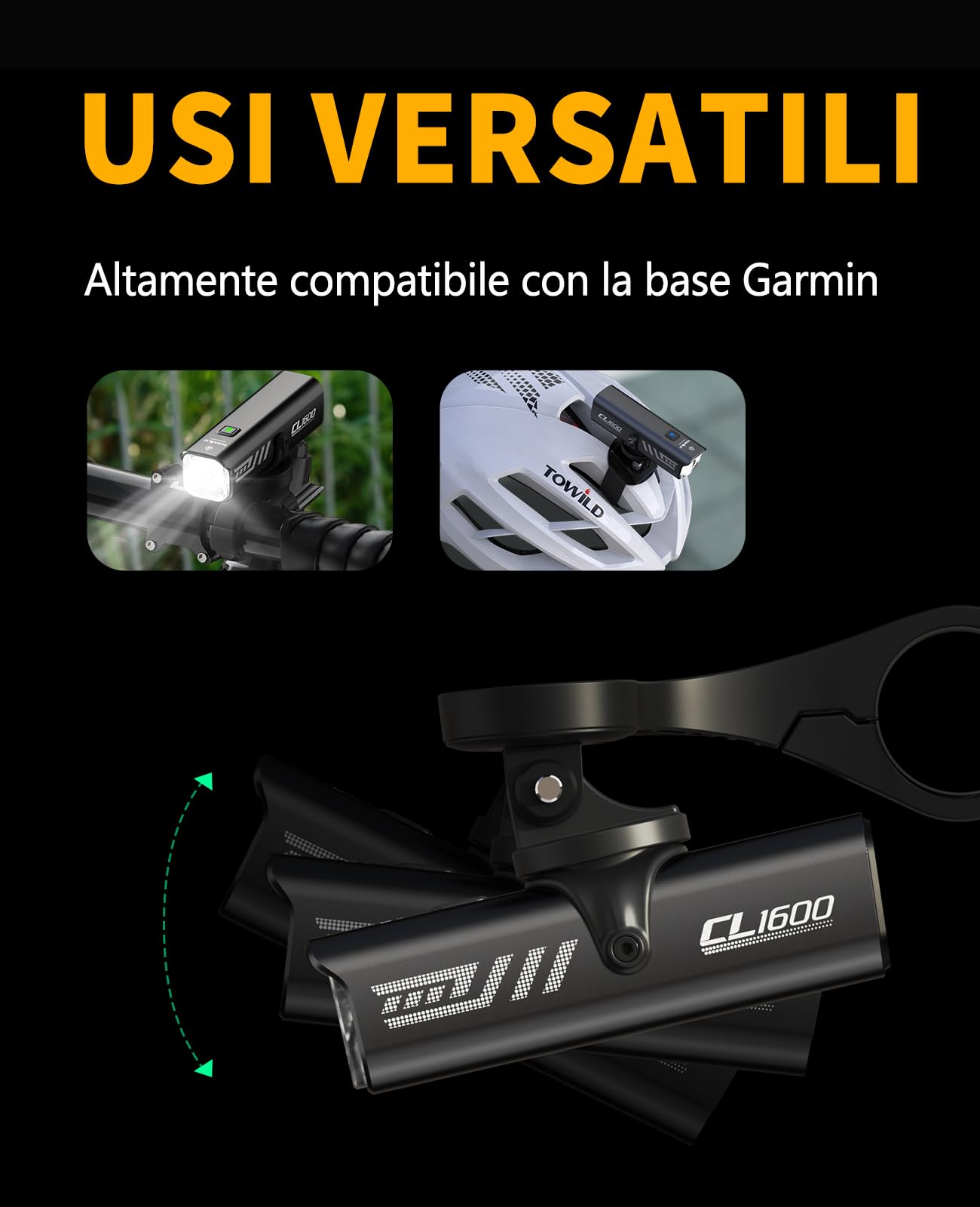 TOWILD CL1600 Lumière Vélo 1600 Lumens, Lampe Vélo Avant LED Rechargeable USB-C 5000mAh, Éclairage Vélo Étanche IPX6 5 Modes, Compatible Support Compteur Garmin/iGSPORT