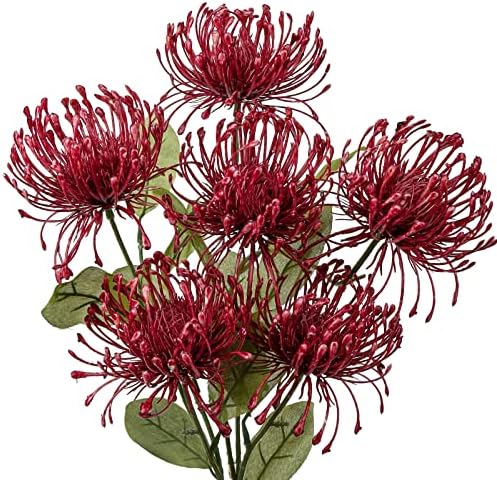 Hollyone 33" Red Artificial Mums Flowers Spring Chrysanthemum Flowers 2Pcs Spider Mum Flower Arrangement Faux Pincushion Flower Faux Flowers with 3 Heads Long Stem for Centerpiece Bouquet Home Decor