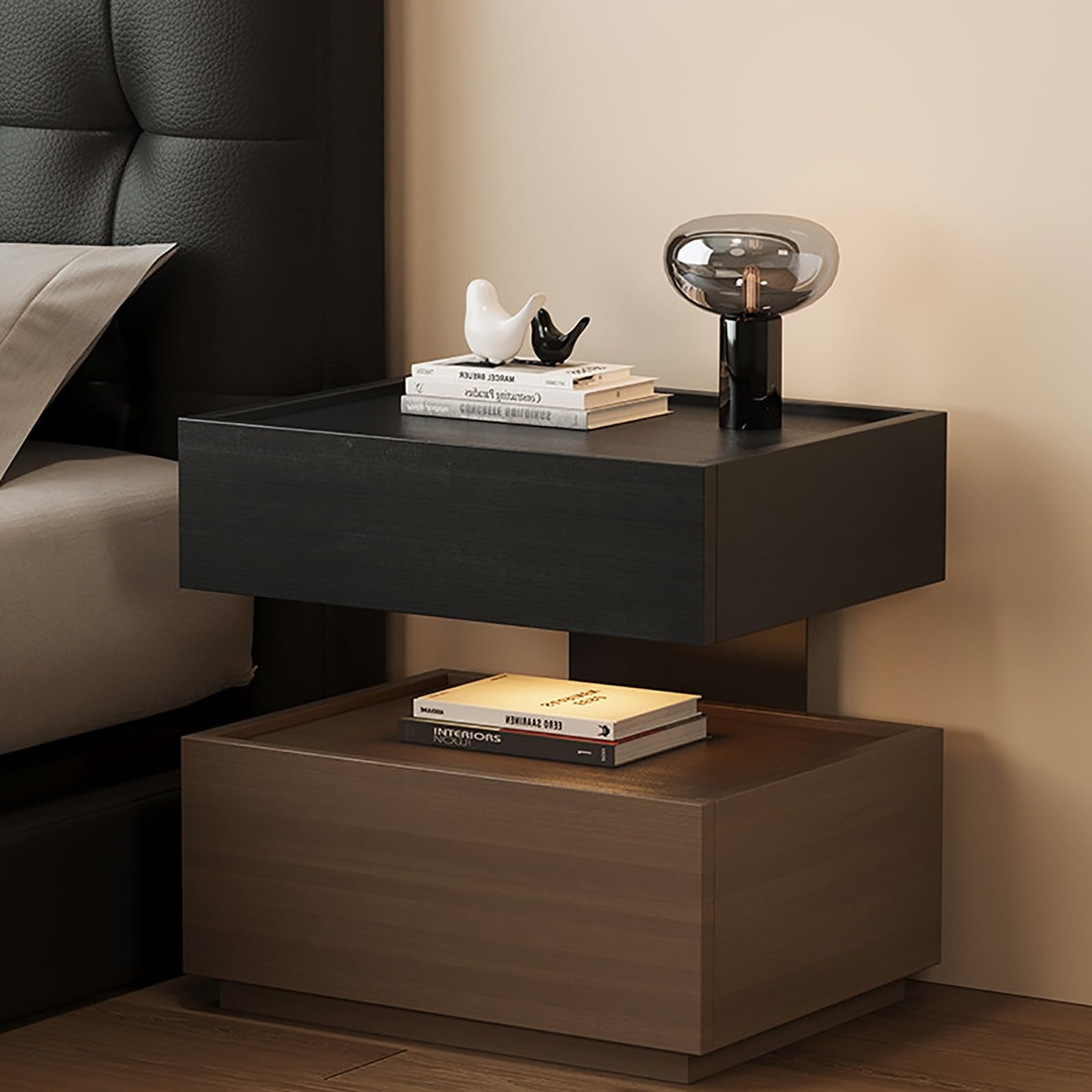 SXZenSpace Small Nightstand with Drawer Modern Bedside Table Open Shelf Wooden Night Stand for Bedroom Living Room Closet(Brown,40x38x50cm)