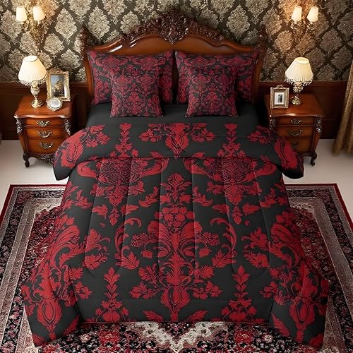 Feelyou Red Black Vintage Damask Floral Comforter Set with Sheets Oriental Antique 7 Piece Bedding Set Full Size for Kids Boys Girls Gothic Bohemia Floral Bed in a Bag Luxury Flower Bed Set