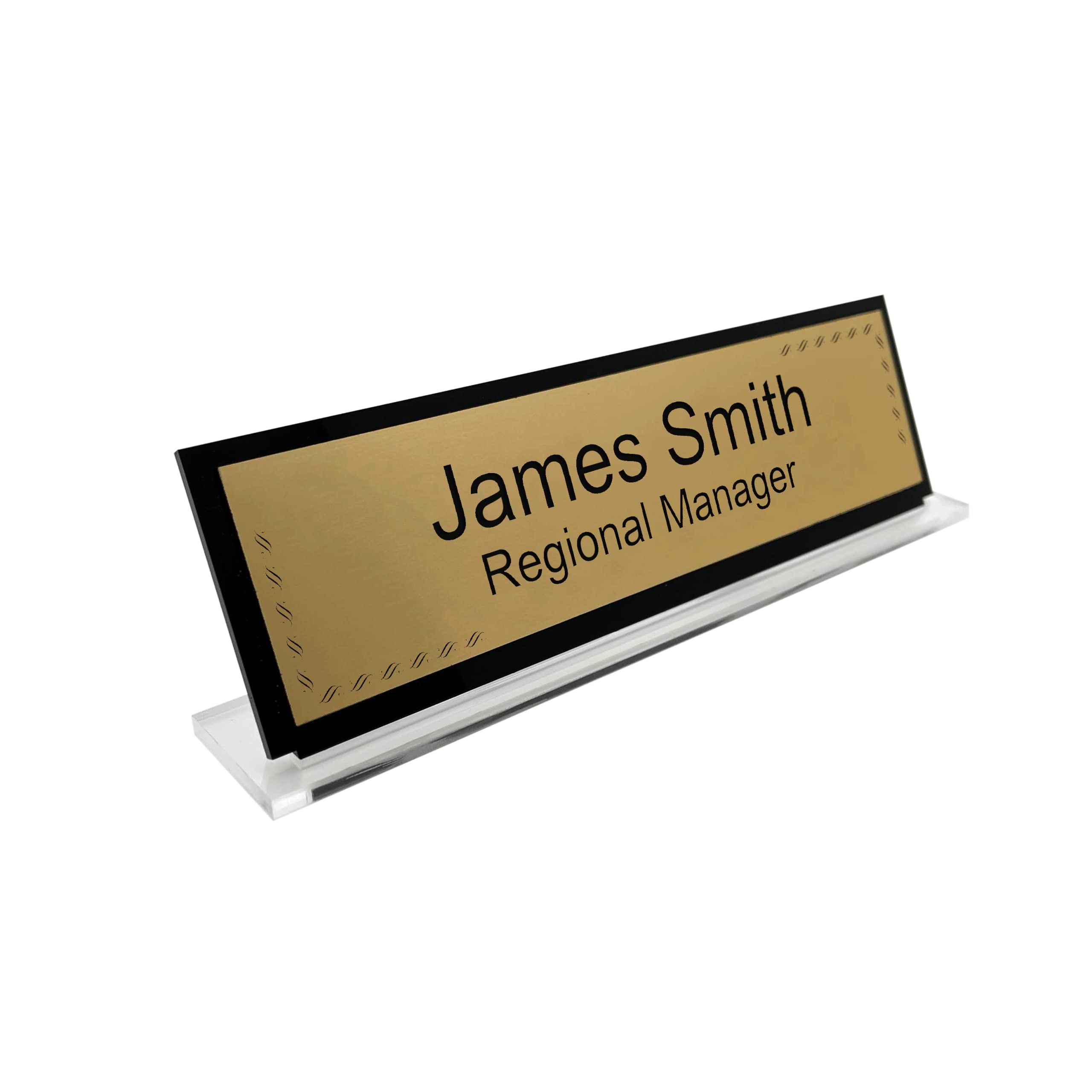 Badgemaster Personalised Engraved Flowing Pattern Acrylic Office Home Desk Name Plaque Gold/Silver Front Plate Bespoke Modern Gift Teacher Graduate Manager Assistant Executive