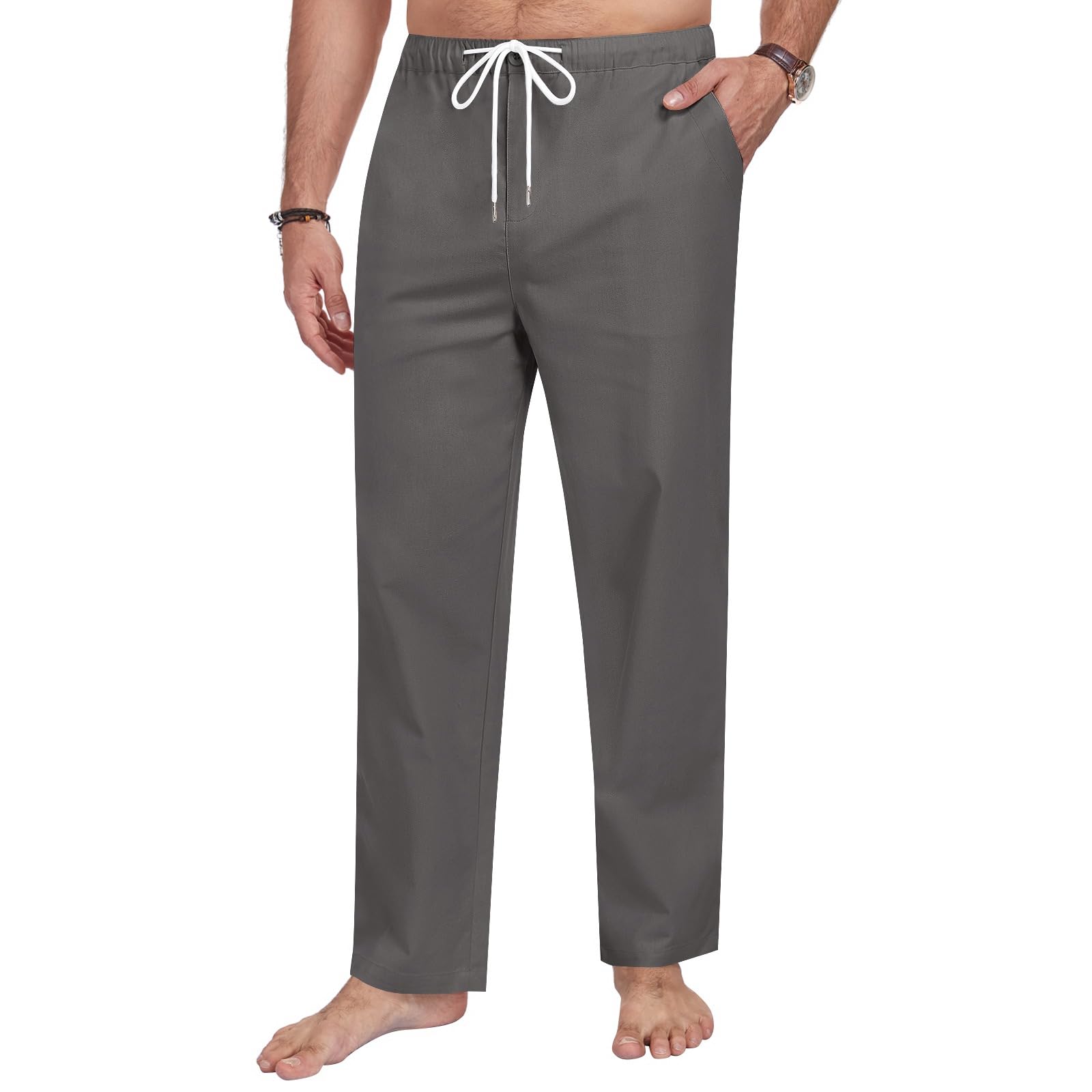 Litthing Herren Baumwolle Leinenhose Leicht Sommerhose Baggy Jogginghose Elastischem Bund Freizeithose mit Kordelzug und Taschen für Urlaub Strand Täglichen