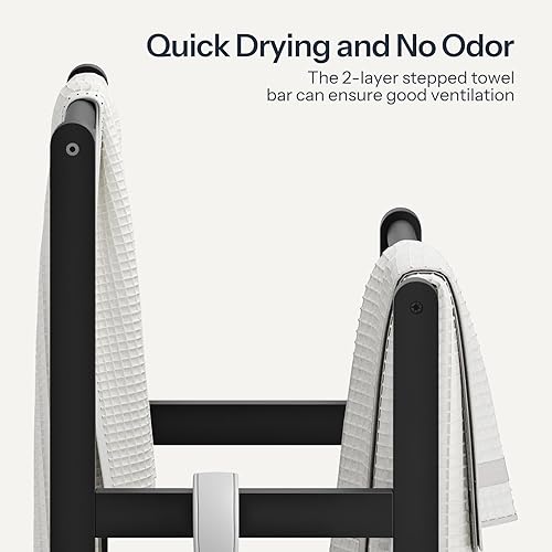 Miniatura 7 de HOOBRO Toallero independiente para baño, estante decorativo de bambú para mantas de 2 niveles, soporte de exhibición de edredón con estante de