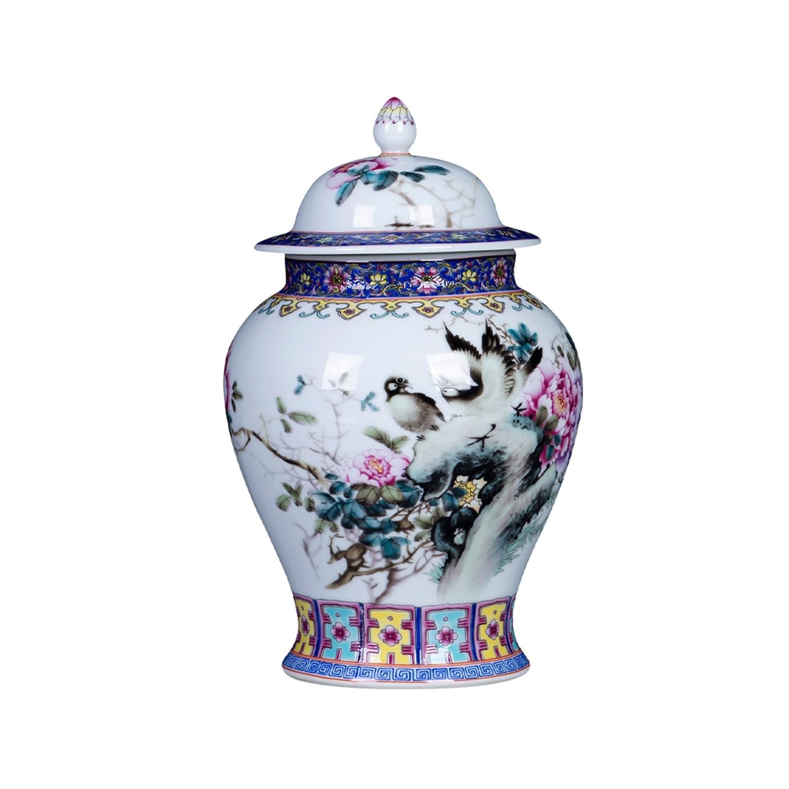 Traditional Ginger Jar with Lid Jingdezhen Ceramic Vase Chinoiserie Decorative Jar Oriental Temple Jar Tabletop Home Decor Accent
