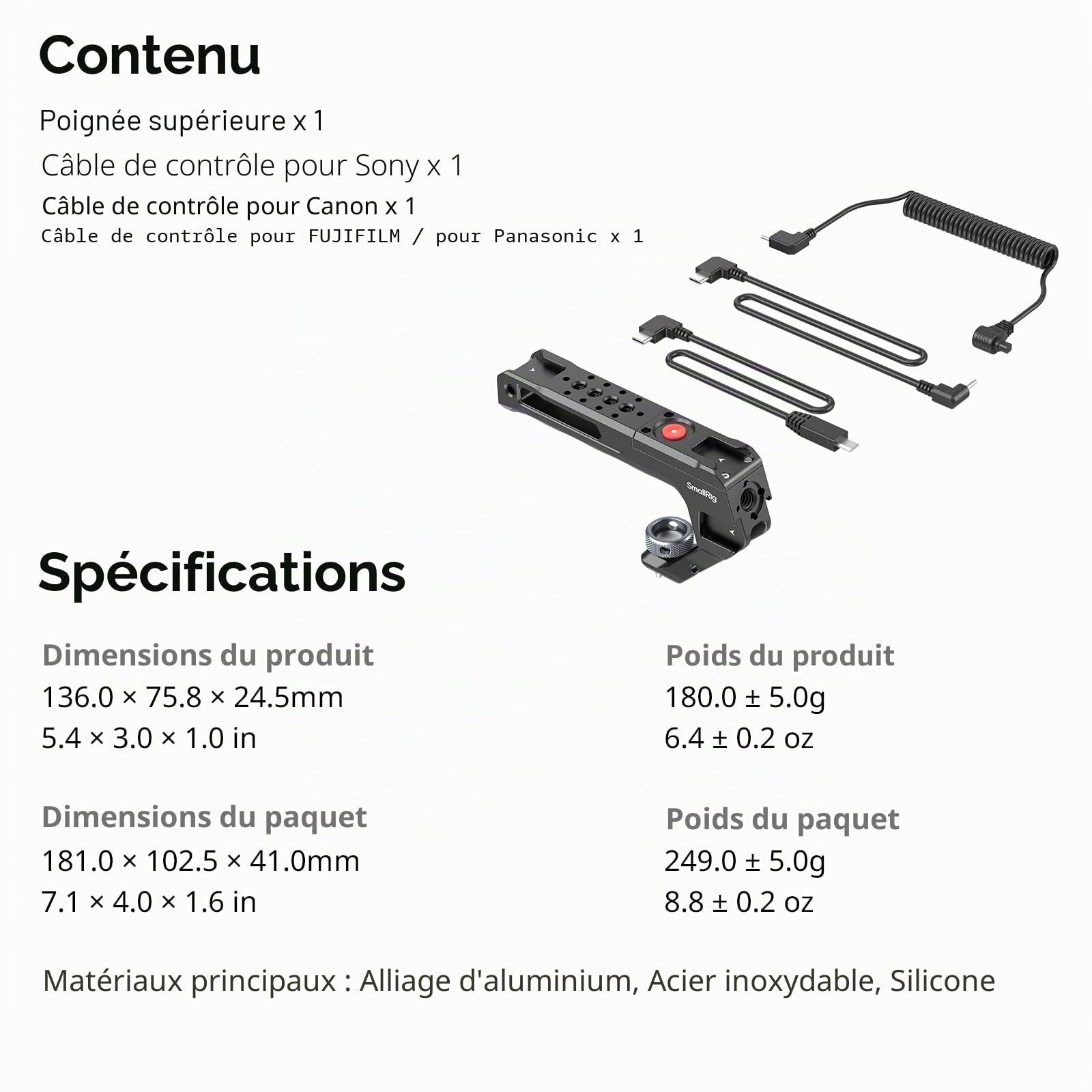 Poignée supérieure SmallRIG avec déclencheur ARRI 3/8"-16, compatible Sony A7 III/FX3/A6600, Canon R5II/R5C, FUJIFILM X-H2S/X-T5, Panasonic S5 II/GH5