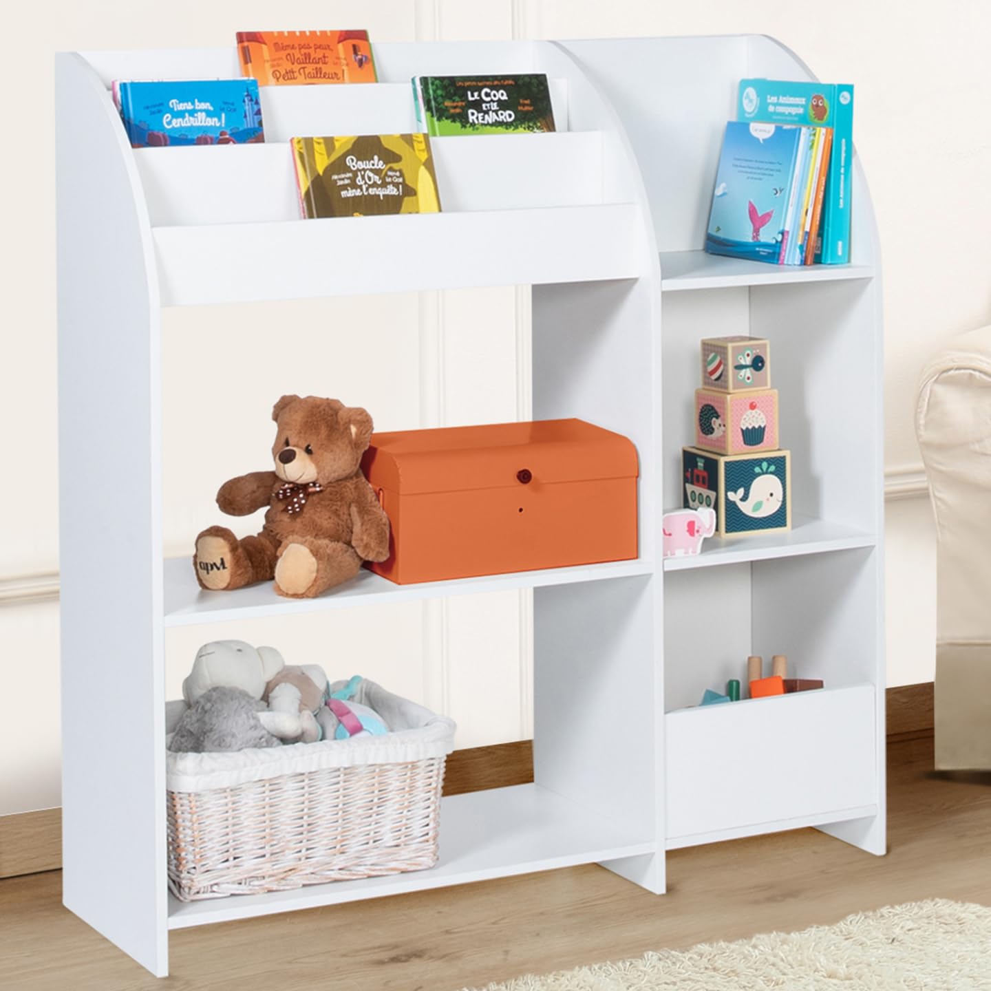 IDMarket - Aufbewahrungsmöbel Emma Spielzeugregal und Bücherregal für Kinder aus weißem Holz