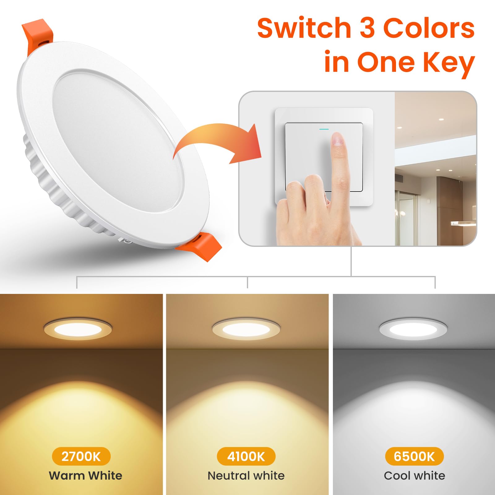 Spot LED Encastrable 7W 600LM, IP44 éclairage Encastré Spot de Plafond,[2700-4100-6500K] [Ultra-mince 27mm] [Lot de 6], AC220-240V, pour Salle de Bain Salon Cuisine