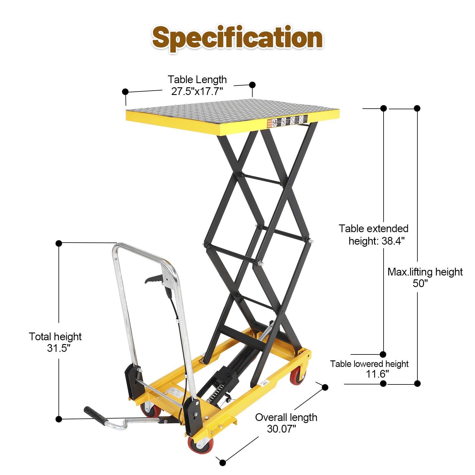 Double Scissor Hydraulic Lift Table Cart with Foldable Handle, 330 lbs Capacity, 11"–50" Lifting Range Manual Hydraulic Lift Cart with Anti-Slip Platform & 4 Wheels for Material Handling