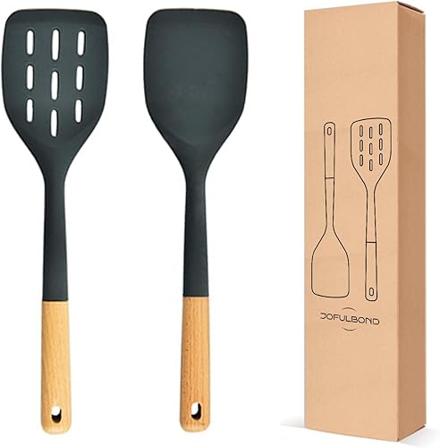 Paquete de 2 espátulas de silicona, juego de utensilios de cocina antiadherentes, mango de madera, girador de cocina para hornear, mezclar, asar a