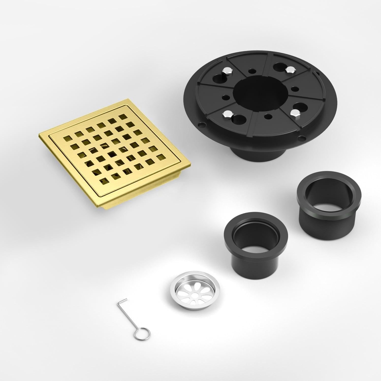4 Inch Square Shower Drain Brushed Gold with Removable Quadrato Pattern Grate, SUS 304 Stainless Steel Floor Drain with Flange