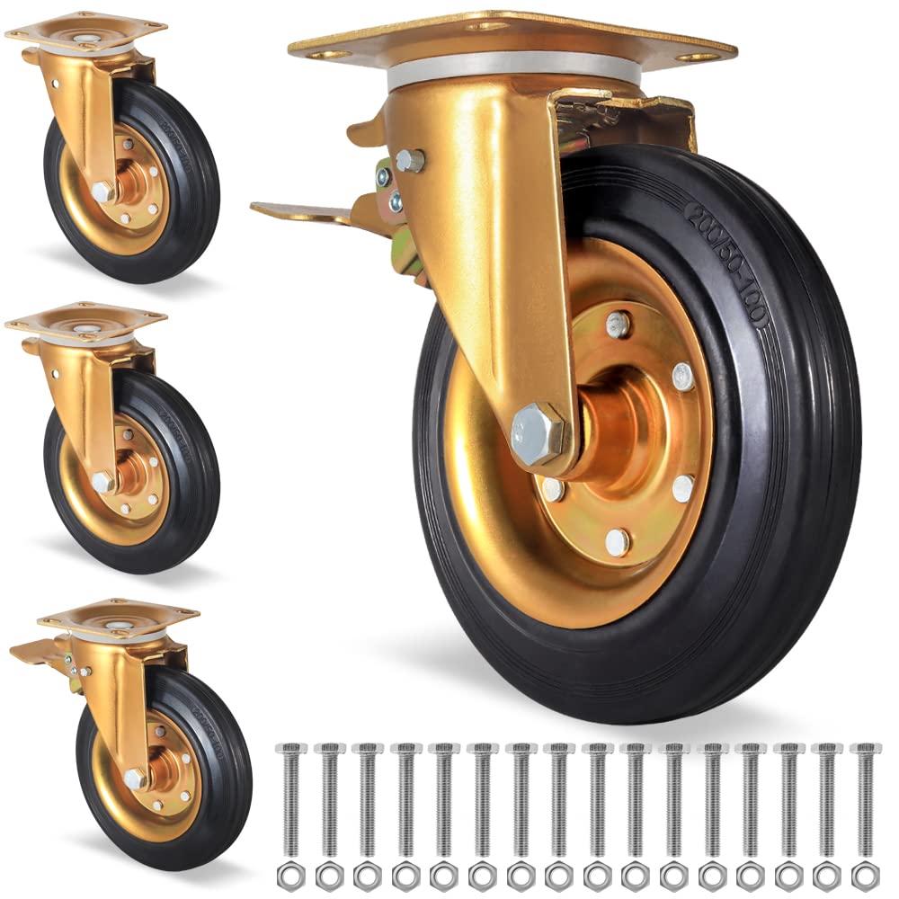 Photo 1 of 8 inch Heavy Duty Industrial Caster Wheel Set of 4 Swivel 360 Degrees Plate Casters with 2 Brake Anti-Skid No Noise No Floor Marks Rubber Wheels for Carts,Dolly,Workbench,Trolley,Free Screws