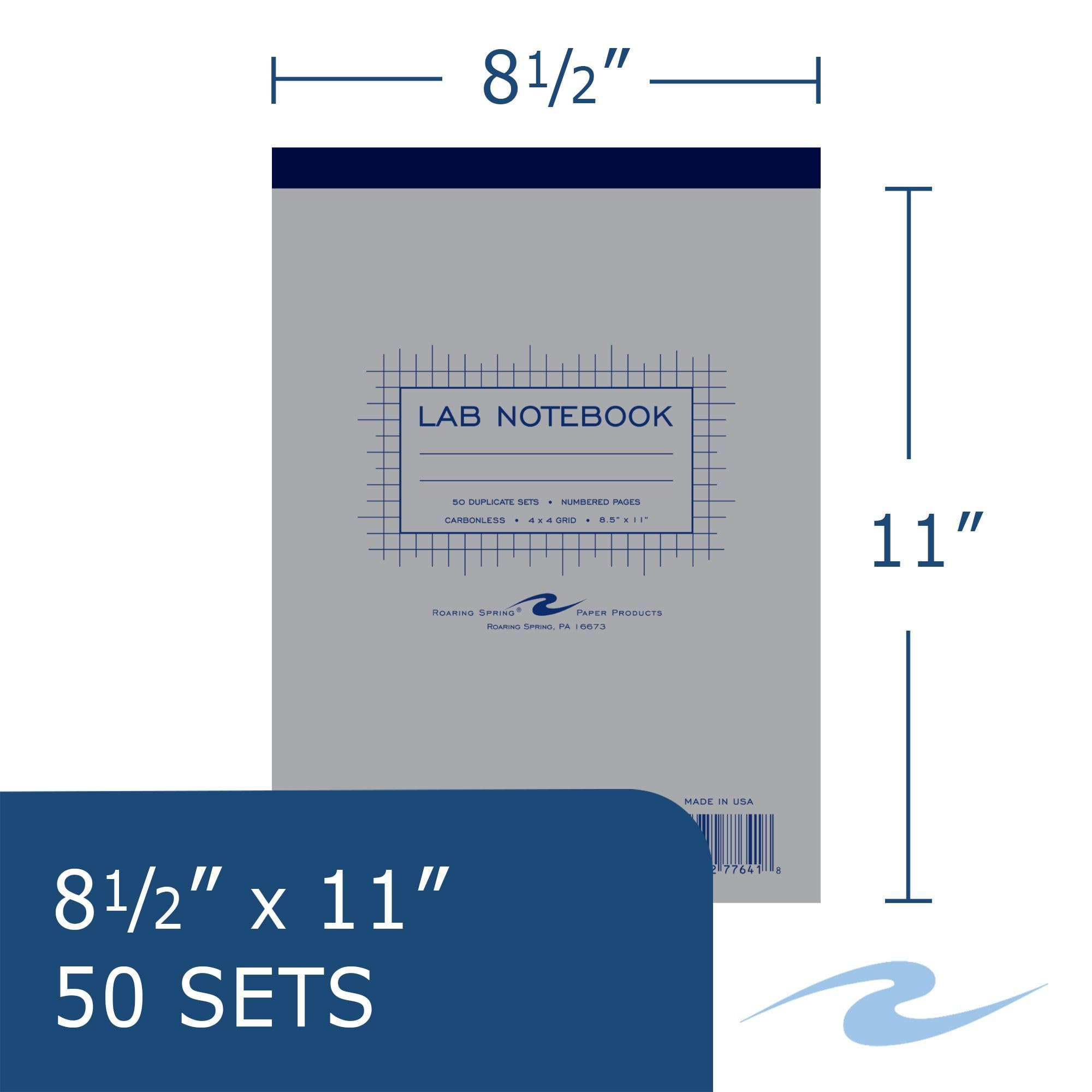 Roaring Spring Top Bound Science Lab Notizbuch, kohlenstofffrei, 10 x 10 cm, kariert, 50 nummerierte Sets, 20,3 x 27,9 cm, 15# weiß/blaues Papier, hergestellt in den USA, Hartpappeneinband