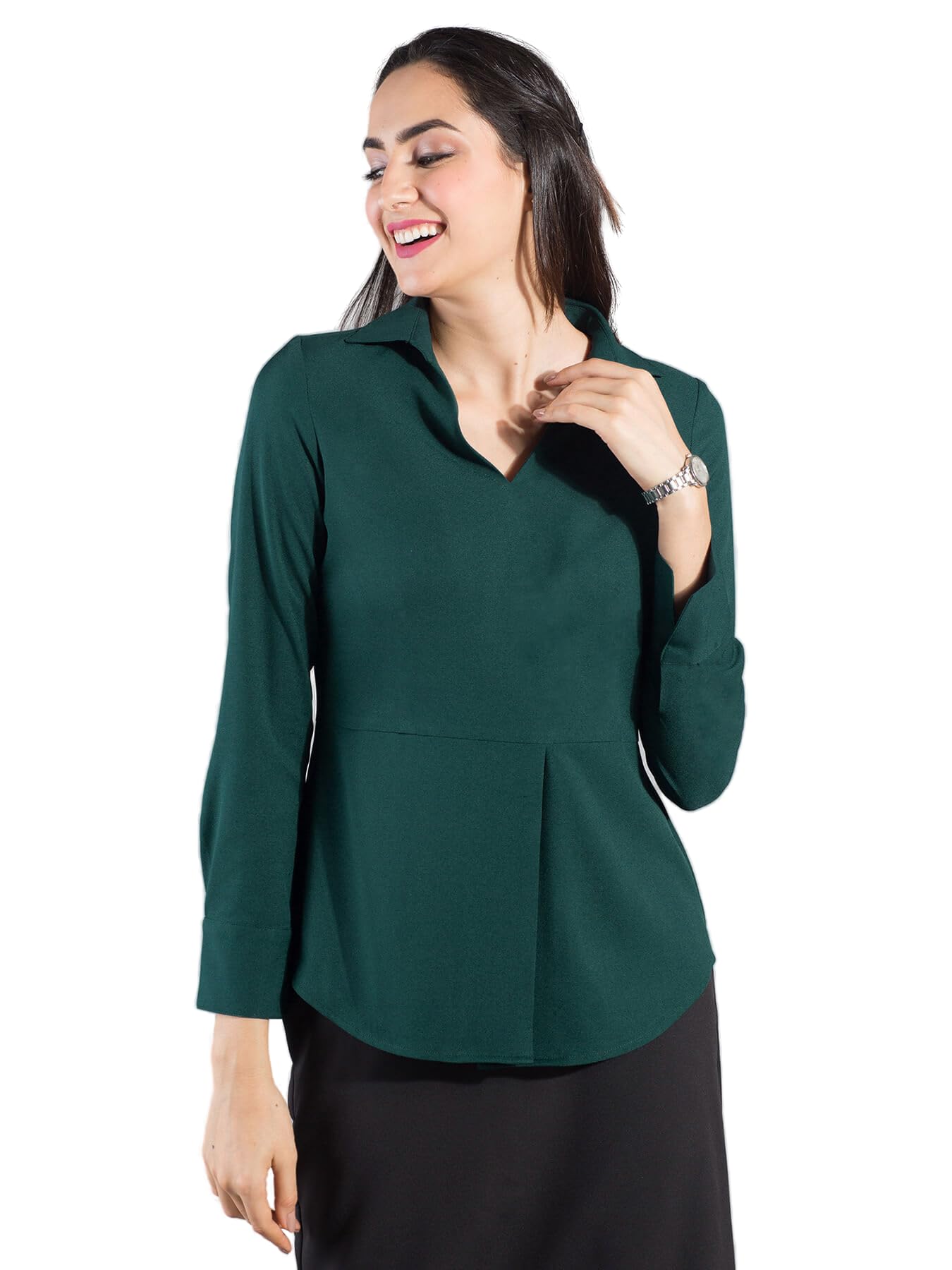 fablestreet Women's Polyester Solid 3/4thsleeve Regular Fit Top, Green-picture-10