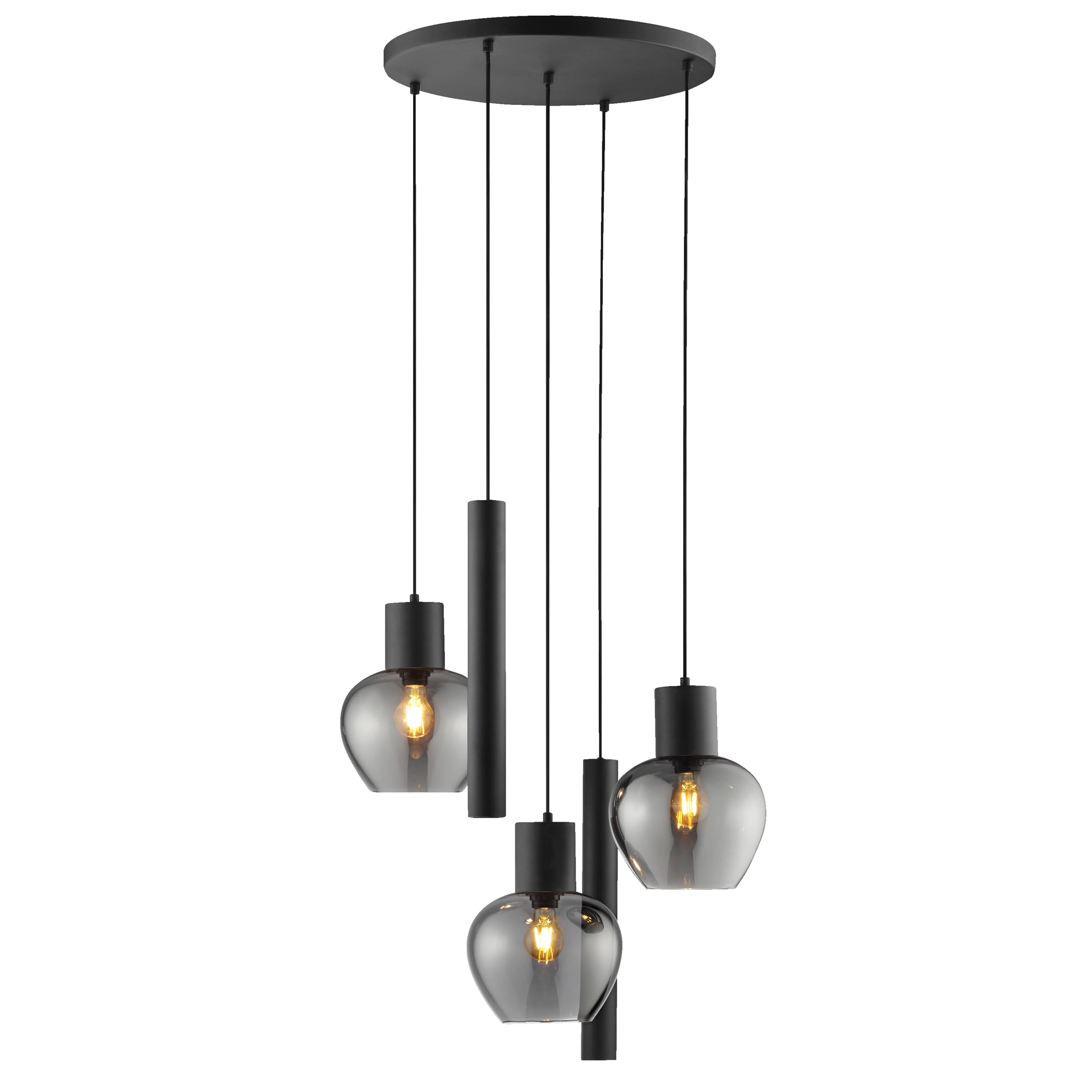 Lightbox Pendelleuchte, 5-flammig, 3 x E27 und 2 x GU10 Fassung, Ø 68 cm x 150 cm, dimmbar, Kabel kürzbar, Aluminium und Rauchglas, schwarz rauchfarben, modern Glamour, Wohnzimmer Esszimmer