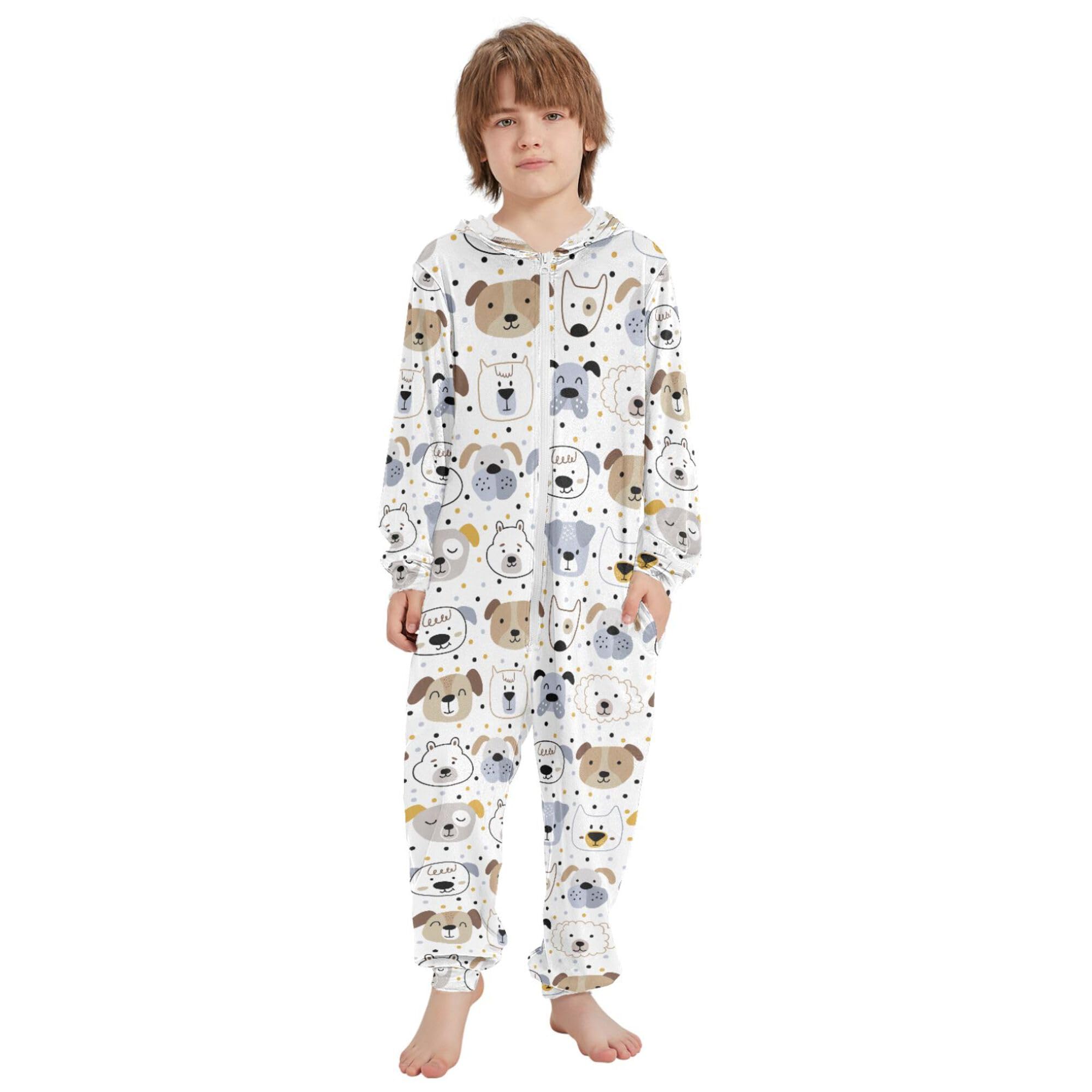 Pigiama intero in flanella con cappuccio e cerniera, tuta coordinata per bambini con cucciolo di bulldog francese, morbido e caldo, abbigliamento sportivo per la casa, 5-6T