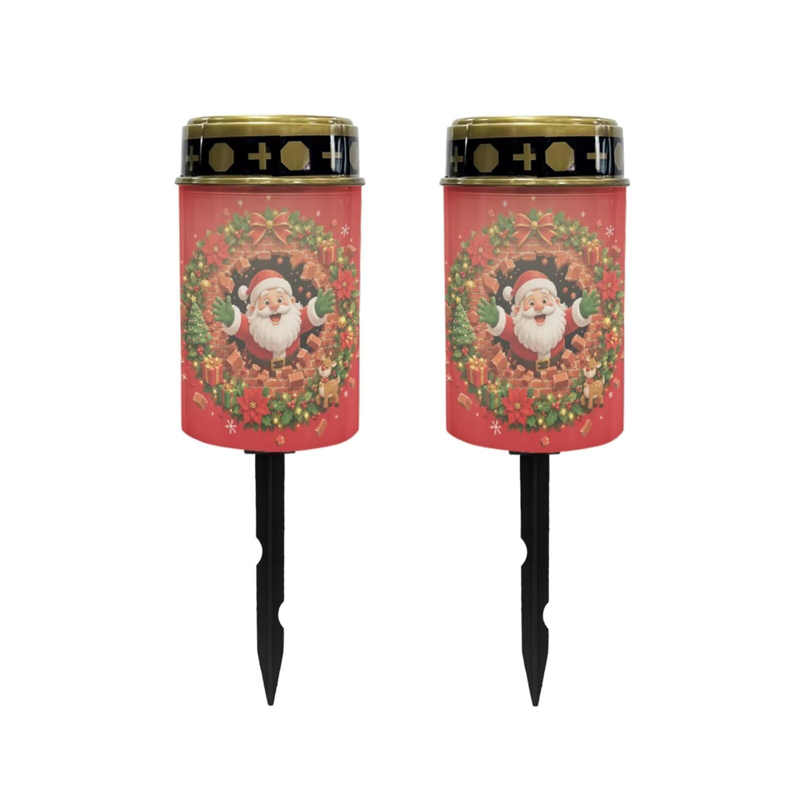 Poceacles Solar Candle Cemetery Solar Lights for Grave LED Garden Flameless Powered Pathway Lights Outdoor Christmas Holiday Party Decor, Santa Claus Poinsettia Red, 2 Pack