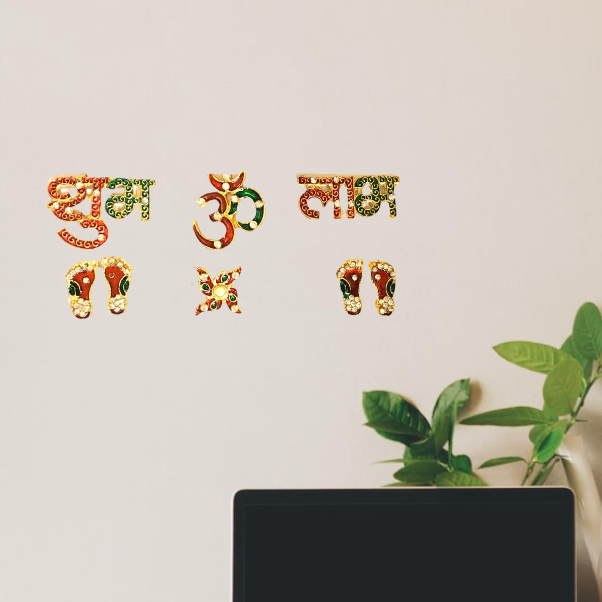 LOVENSPIRE Shubh Labh Om Swastik 6 Pieces Set Metal Good Luck Footsteps Shubh-labh Rangoli Sticker Wall Door Hanging Home Office Temple Pooja Diwali Decor Wall Art for Housewarming Laxmi Pooja