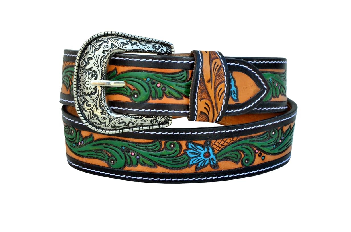 Affilare Western Genuine Leather Floral Tooled Casual Jeans Belt With Removeable Buckle 30AB108-30