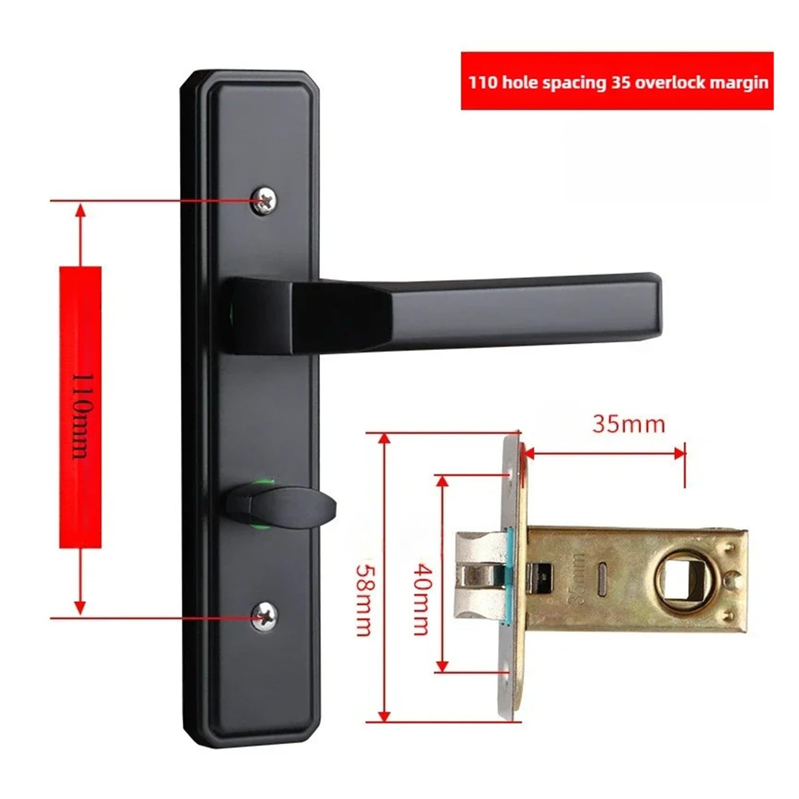 Cerradura de puerta de baño reversible sin llave, cerradura de manija de lengüeta simple de 110 orificios, color negro(110-35)