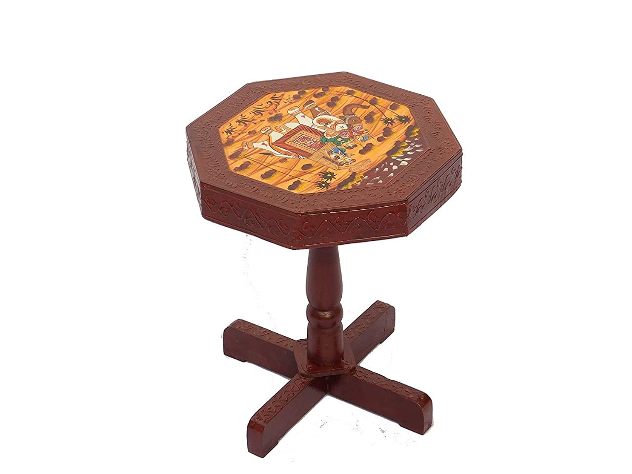 Gaura Art & Crafts Jaipur Wooden Hand Painted Kip Emboss Folding Round Table for Garden Room, Balcony & Outdoor, Side Corner Flower Vase Table in Dining Table Showpiece Gifts (Brown)-image-7