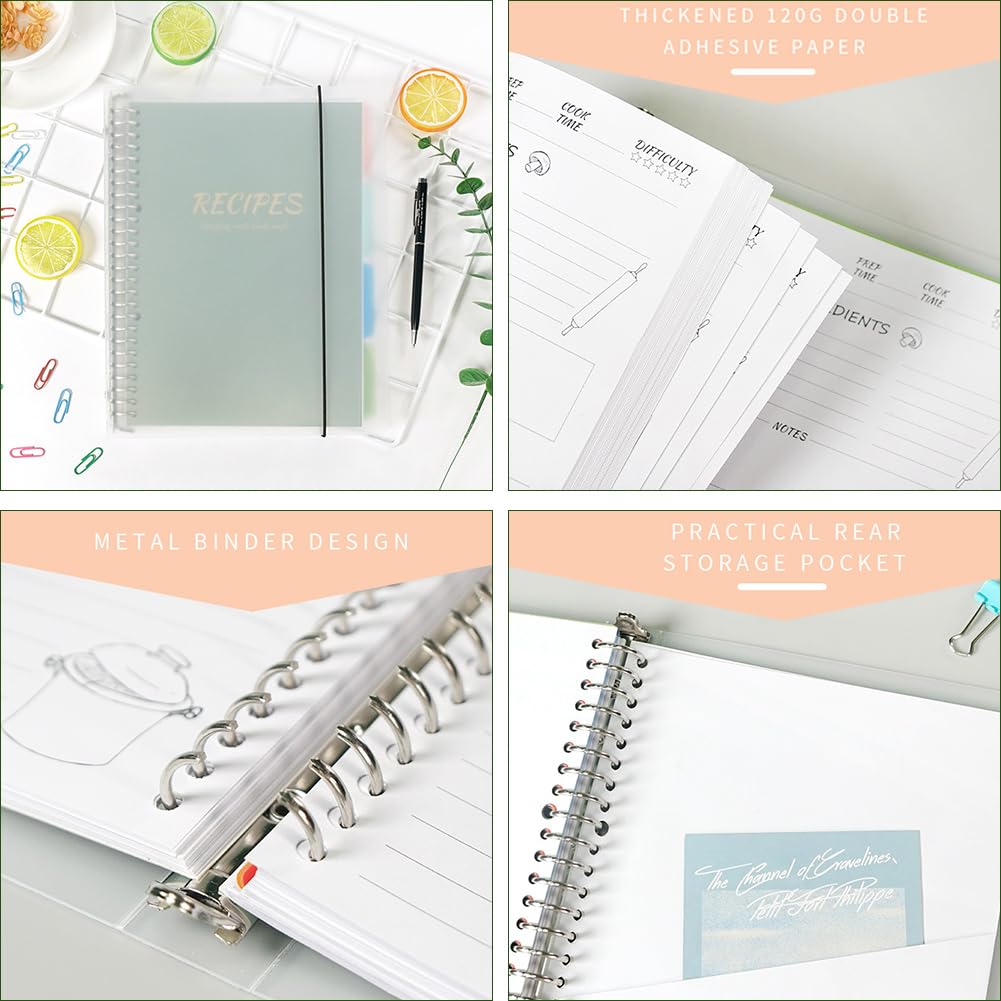 Quaderno di Ricette Vuoto da 10.8 x 8.5 Pollice con 80 Pagine Interne in Plastica Verde Mare Scuro Copertina Rigida Rimovibile Raccoglitore Personale per Cucina Fai da Te Cucina Casalinga