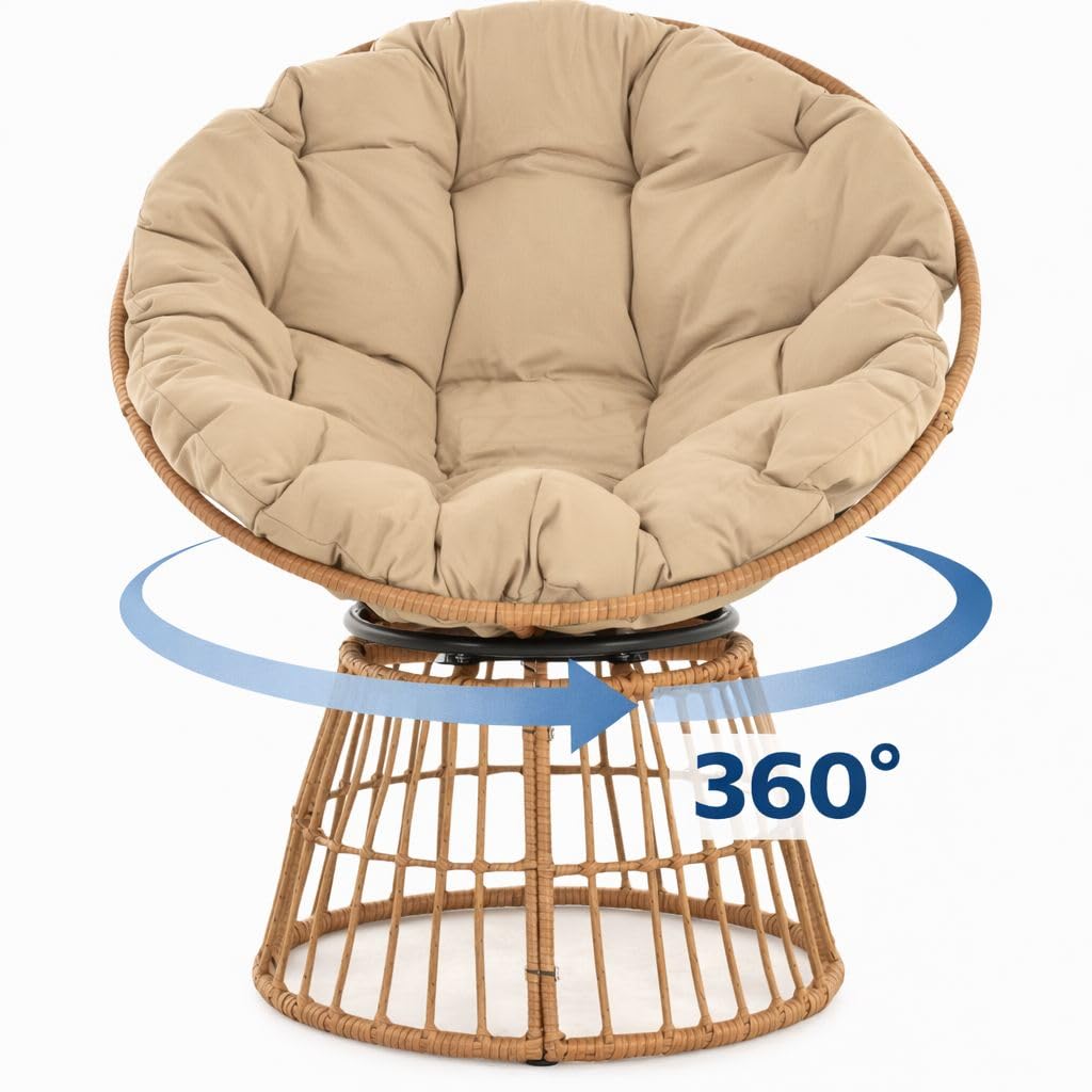 Outdoor Papasan Garten Drehsessel wetterfest mit Polster Garten Sitzschale Rattansessel drehbar (Sand, Papasan drehbar)