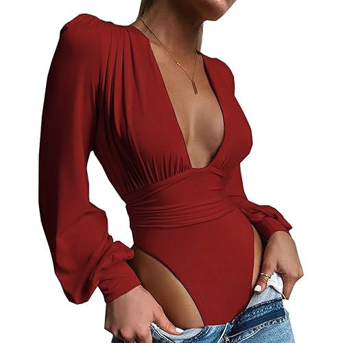 Syydn Women's Deep V Neck Tops Sexy Puff Sleeve Bodycon Jumpsuit Stretchy Bodysuit Jumpsuits