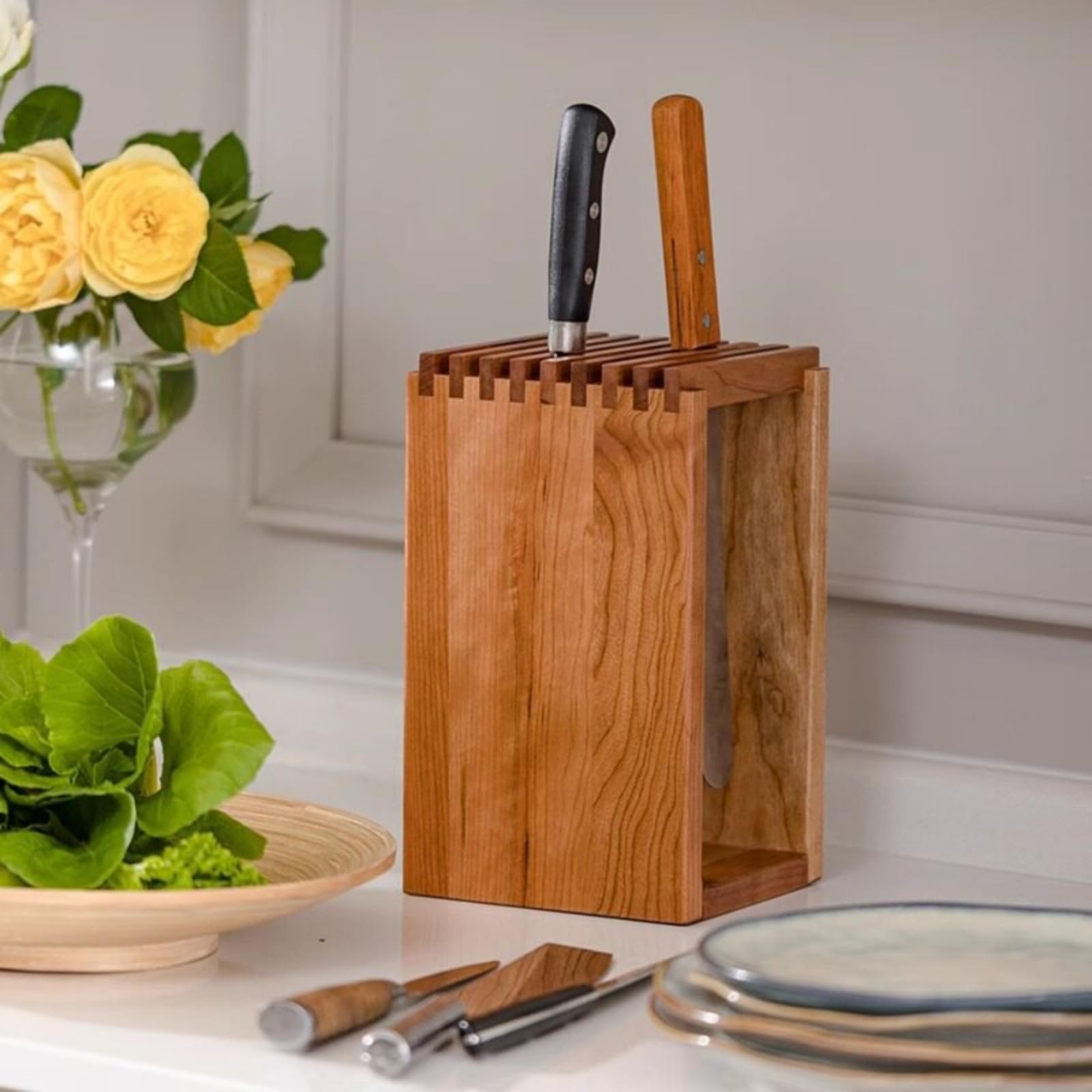 Organizador Cuchillos Estable Portacuchillos Multifuncional Soporte para Cocina, Encimera, 29cm X 29cm X 10cm, Soporte Inclinado De 3 Ranuras De Madera Maciza
