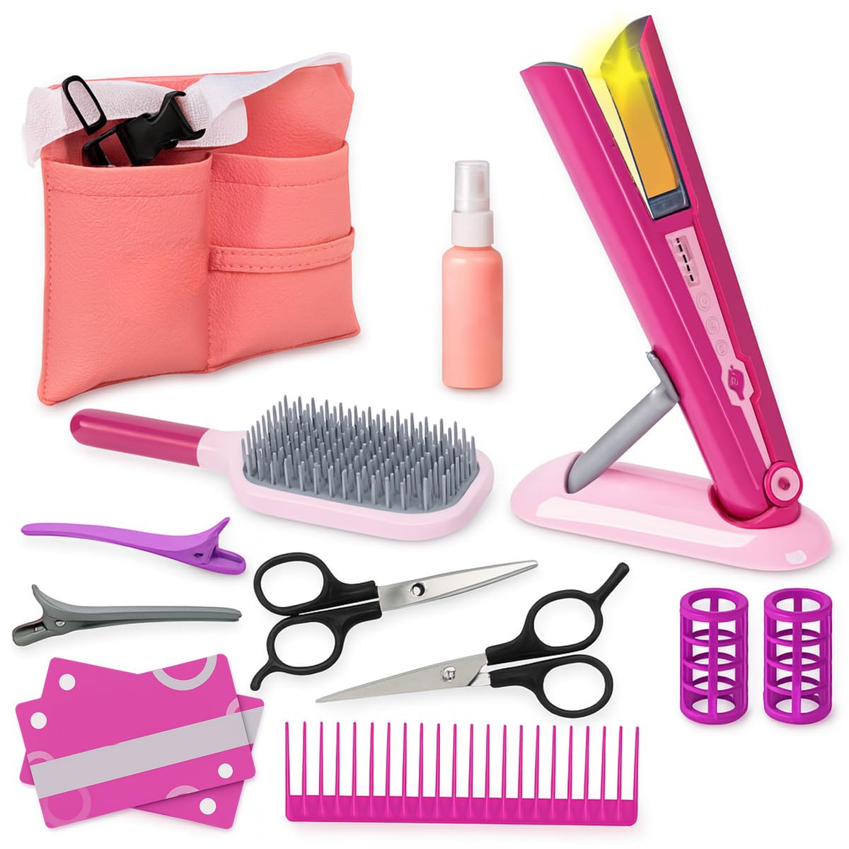 Toyana 14 Pcs Kids Hairdressing Set for Girls, Pretend Play Hair Accessories with Toy Straightener & Waist Bag, Beauty Salon Hair Stylist Role Play Grooming Tools Kit Gift for Children Ages 3+ โ image 1