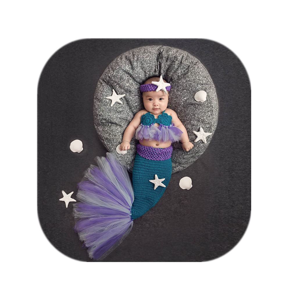 Vemonllas Newborn Photography Props Girls Star Headband, Bra & Mermaid Tail Baby Photoshoot Prop Outfits (Dark Blue)