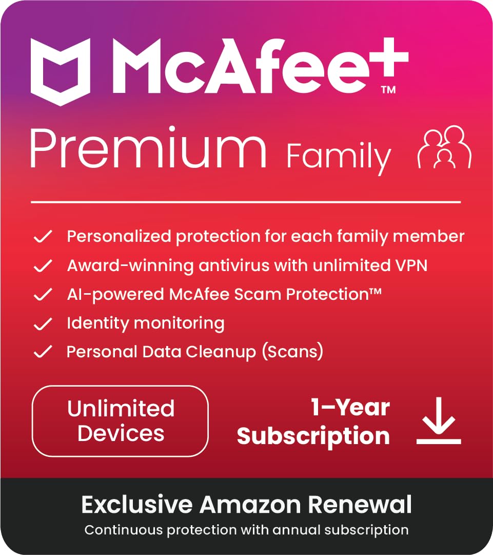 McAfee+ Premium Family Unlimited Devices anti virus software 2026 for PC | Cybersecurity Software with Antivirus Secure VPN Identity Monitoring Scam Protection |1-Year Subscription Amazon Auto-Renewal