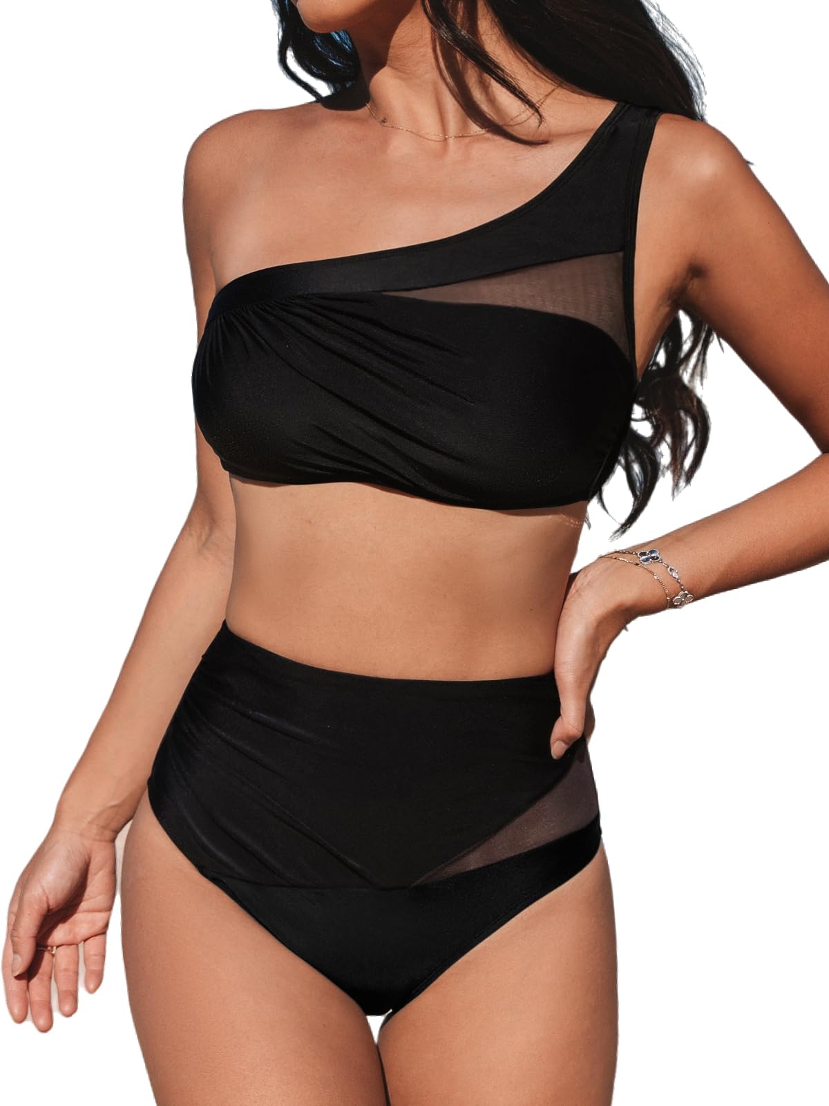 CUPSHE Bikini da donna Monospalla Costume da bagno a due pezzi a vita alta con collo asimmetrico increspato in rete, nero, XL