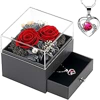 Rosa real preservada dos namorados, colar de rosa eterno com coração, presente de Dia dos Namorados para ela, 2 flores de rosas presentes para mãe, esposa, namorada, mulheres, aniversário, dia das mães, vermelho
