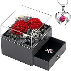 Rosa real preservada dos namorados, colar de rosa eterno com coração, presente de Dia dos Namorados para ela, 2 flores de rosas presentes para mãe, esposa, namorada, mulheres, aniversário, dia das mães, vermelho