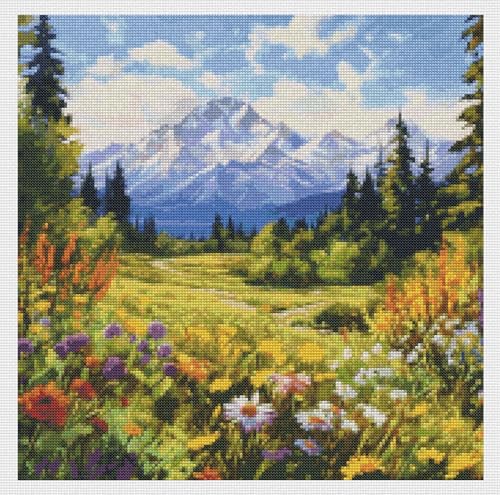 Image of Moohue 14CT Counted Cross Stitch Kits for Adults Mountain Flowers Advanced Stamped Cross Stitch Kits for Adults (Mountain 4)