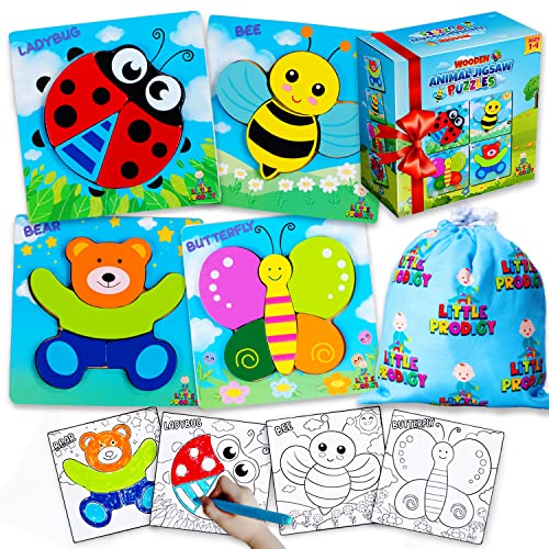 Image of Wooden Puzzles for Toddlers 1-3 Girls & Boys, Sensory Toys, Educational Learning Toys: 4 Puzzles Ages 1-3, Gift Box, Storage Bag, Matching Coloring Book, Animals Puzzle for Toddlers set of 4