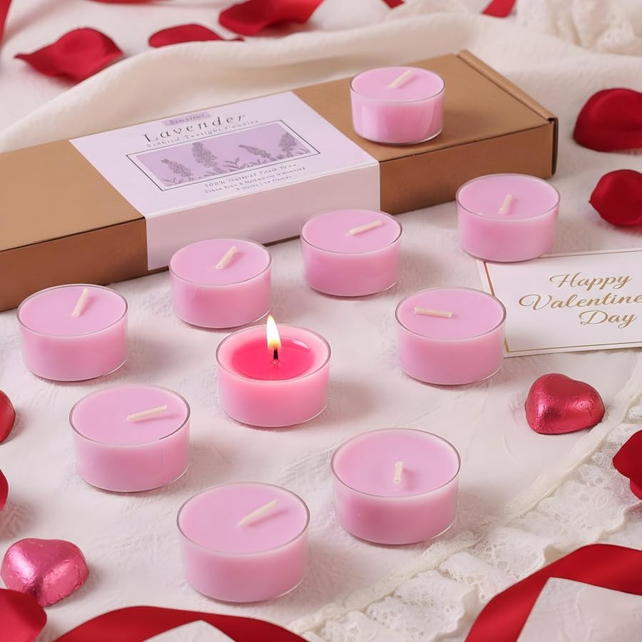Lavender Scented Tealight Candles – 14 Pack, 100% Pure Palm Wax, 6-Hour Burn, Purple Aromatherapy Tea Lights for Relaxation, Spa, Meditation, Bedroom, Clean Burn & Smokeless