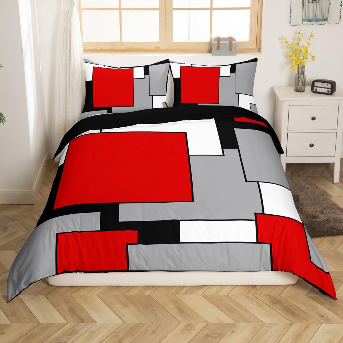 Erosebridal Red Grey Black White Duvet Cover for Women Men,3D Modern Square Bedding Set Full Size,Geometric Comforter Cover,Square Grid Patchwork Bed