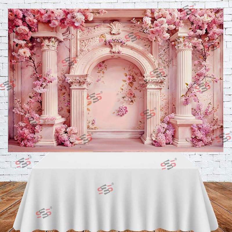 Image of S2S Pink Piller Backdrop Cloth for Pooja Decoration Traditional, Background Decoration Cloth | Curtain Cloth for All Festival, Functions & Ceremonies - (5 x 8 Feet) (Pink Piller)