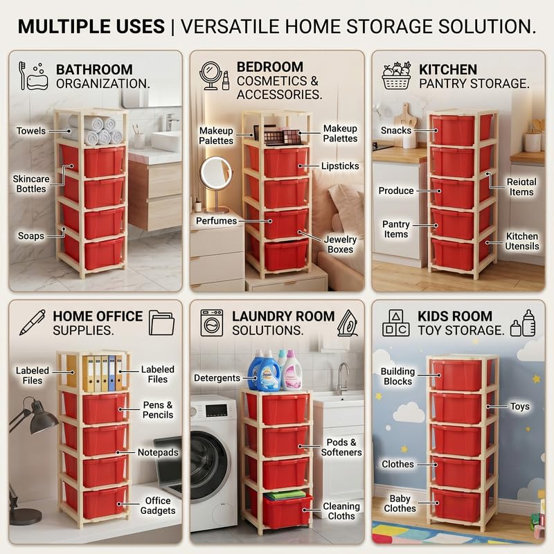 Image of Kavira Plastic Drawer Storage Tower - Space Organizer|Red,5 Layer
