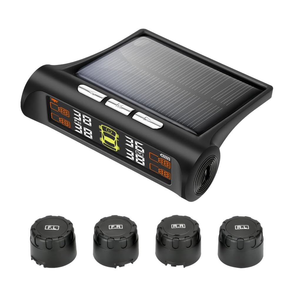 Tire Pressure Monitoring System - TPMS Tire Pressure Monitor System with Solar Charger, TPMS with 4 External sensors & 5 Alarm Modes, LCD Real-time Display, Auto Sleep Mode, Easy to Install(Orange)