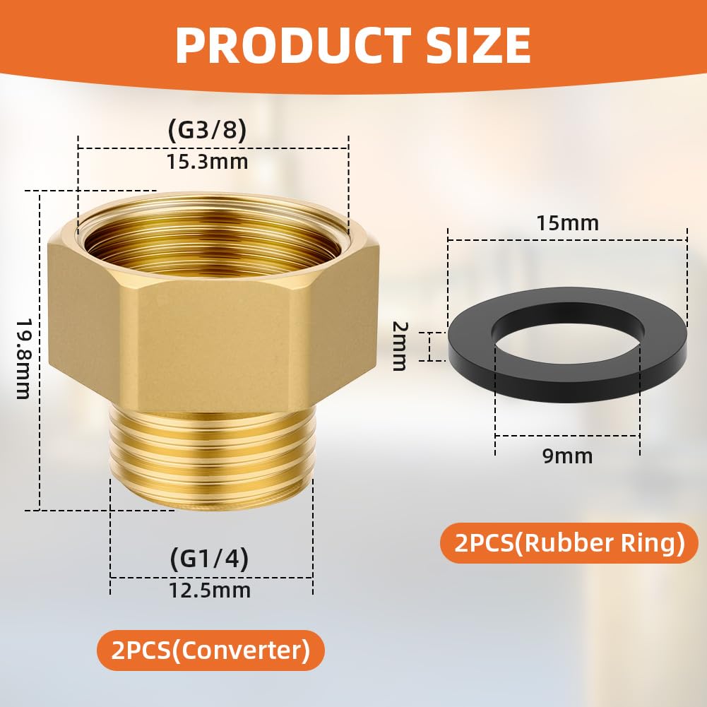 Flintronic Gwint wewnętrzny 3/8" na gwint zewnętrzny 1/4" BSP mosiężny adapter sześciokątny, gwint zewnętrzny 1/4" do 3/8" do połączeń gazowych, wodnych i rurowych (2 sztuki)