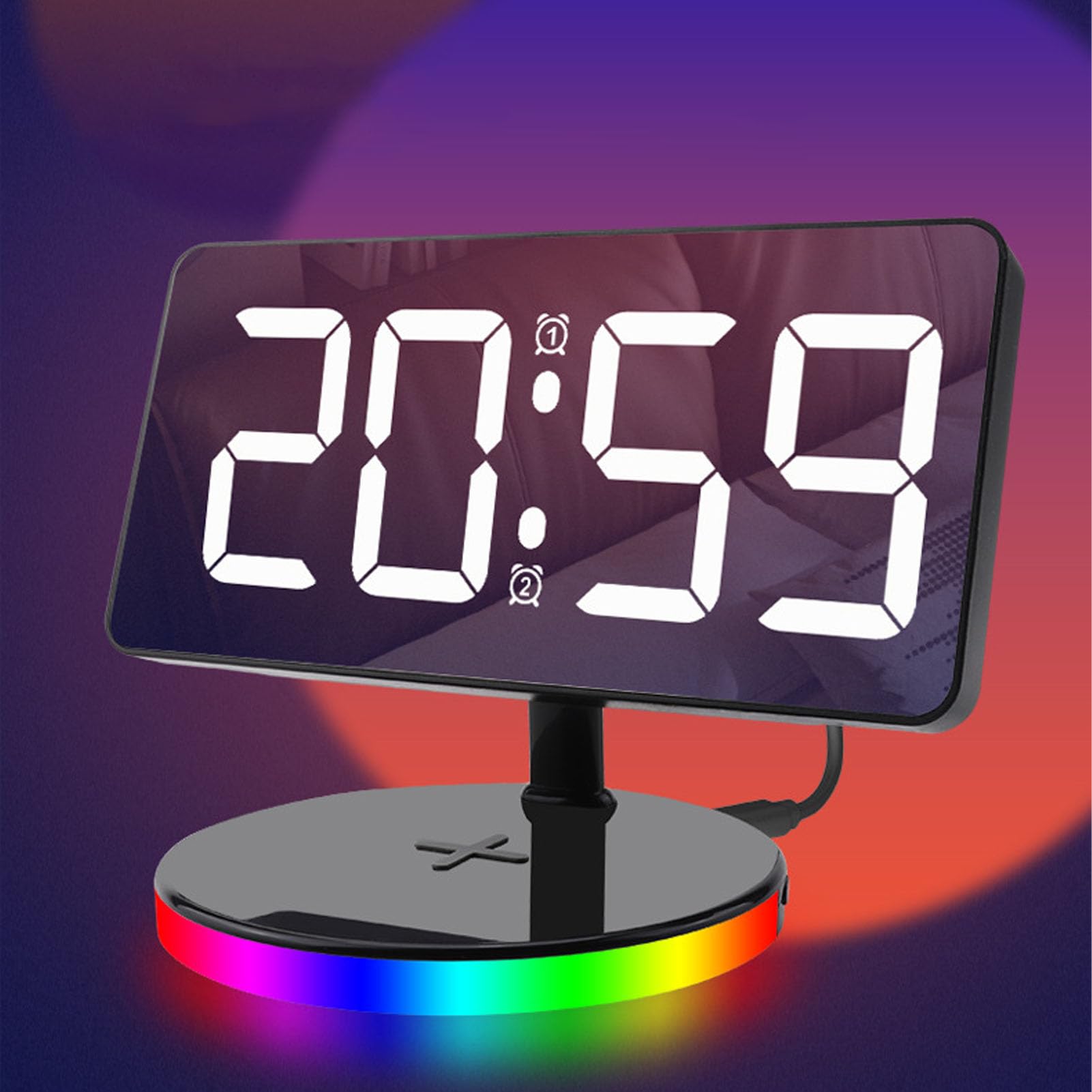 Tangxi Reloj Despertador Digital LED con Espejo, Cargador Inalámbrico y Luz Nocturna RGB, Repetición de 5 a 60 Minutos, Brillo de 6 Niveles para Dormitorio (Black)