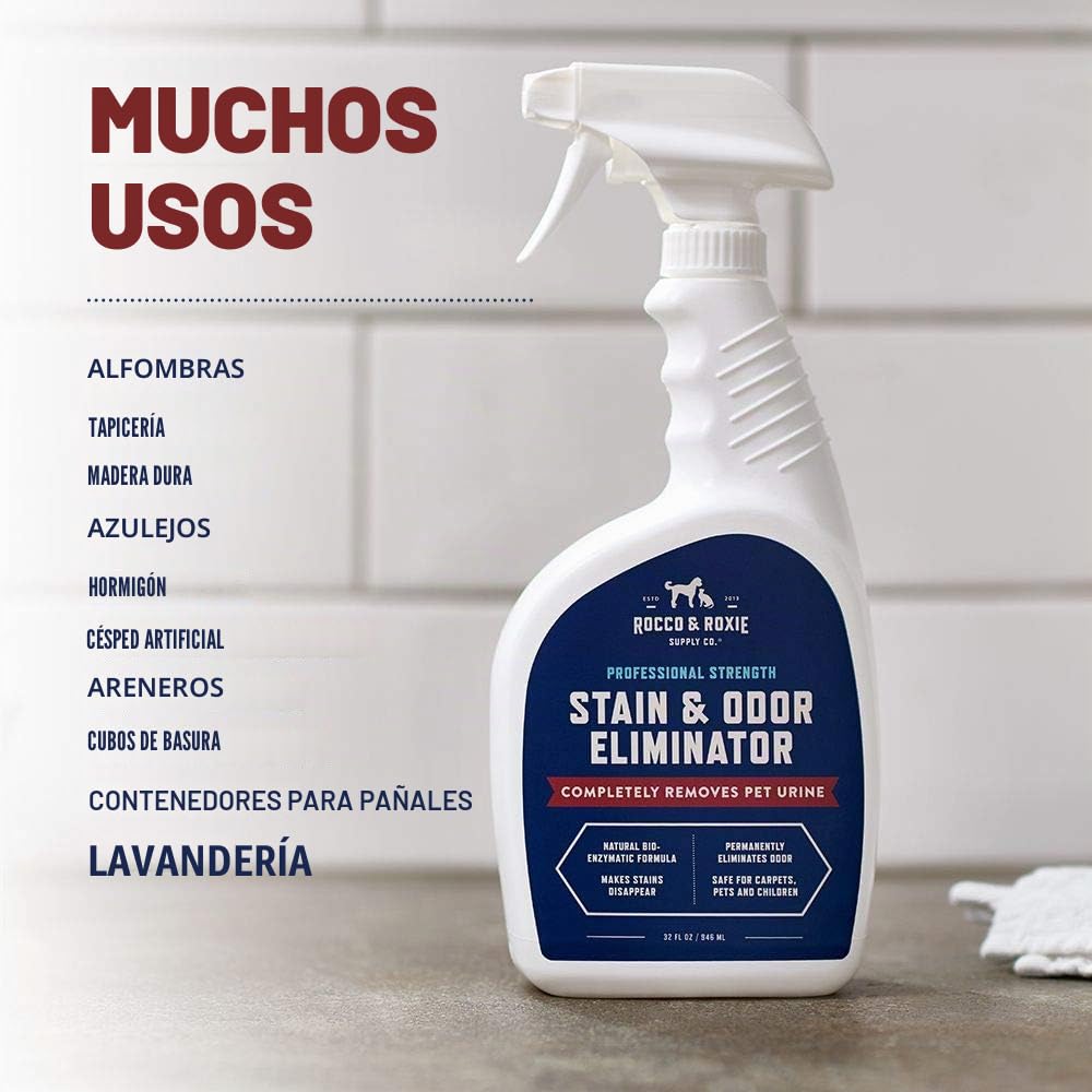 Professional Strength Stain & Odor Eliminator – Limpiador de olor y mancha para orina de perro y gato – (1 galón) Rocco & Roxie Supply Co