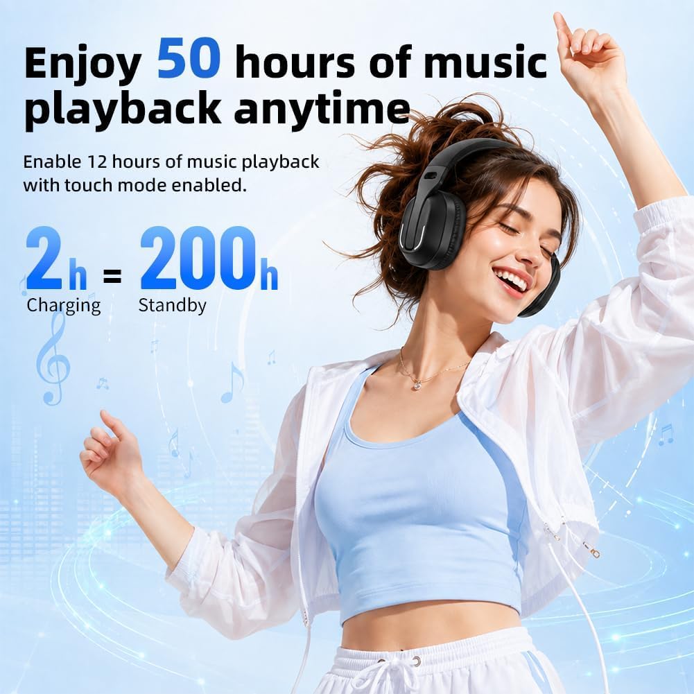 WH-88 Casque Bluetooth, Casque Circum-auriculaire avec Basses intenses et Son immersif, Jusqu’à 50 h d’autonomie, Bluetooth 6.0, Mode Filaire USB-C, multipoint, Microphone, Pliable, Noir