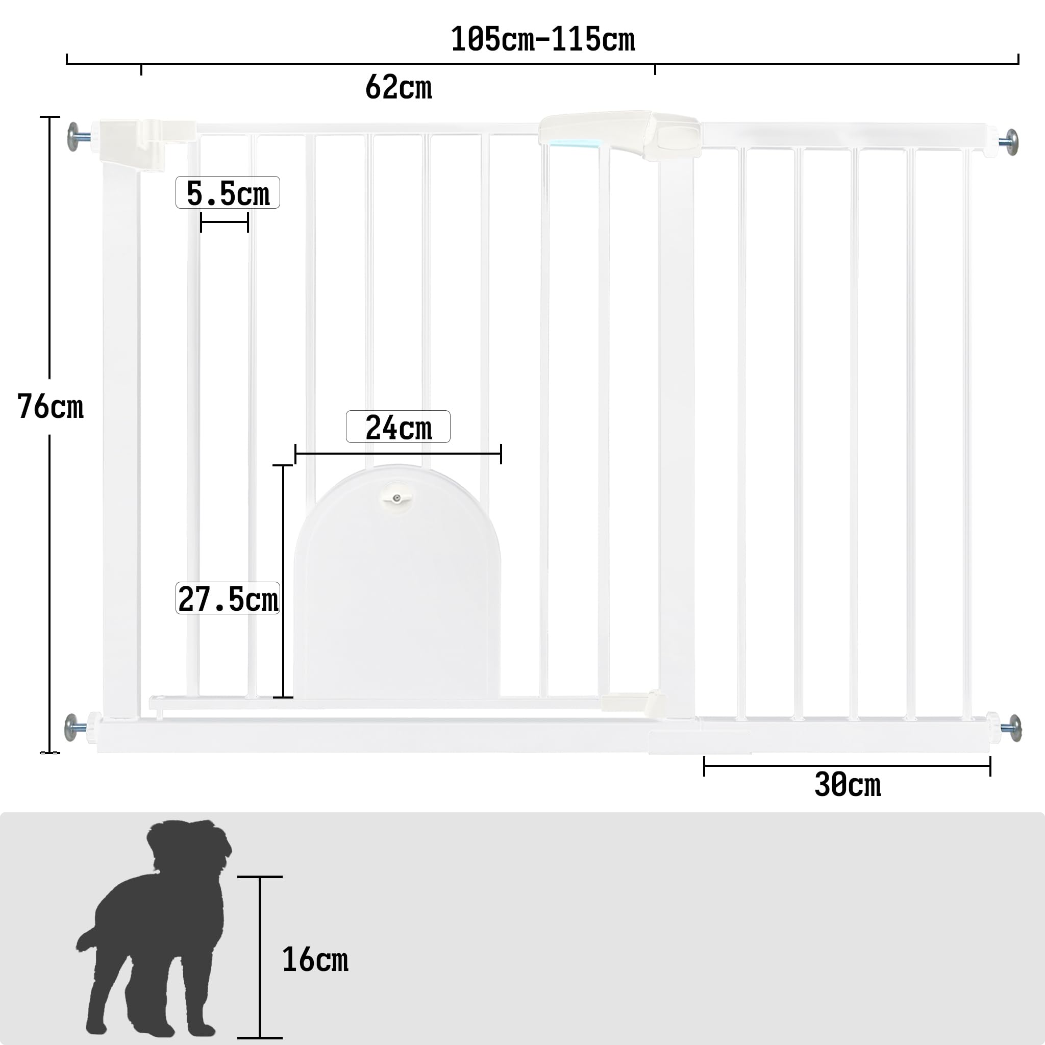 Froadp Griglia di protezione per porte per bambini, 105-115 cm, senza foratura, con porta per cani e gatti, orientabile su entrambi i lati, griglia di intercettazione automatica, per animali